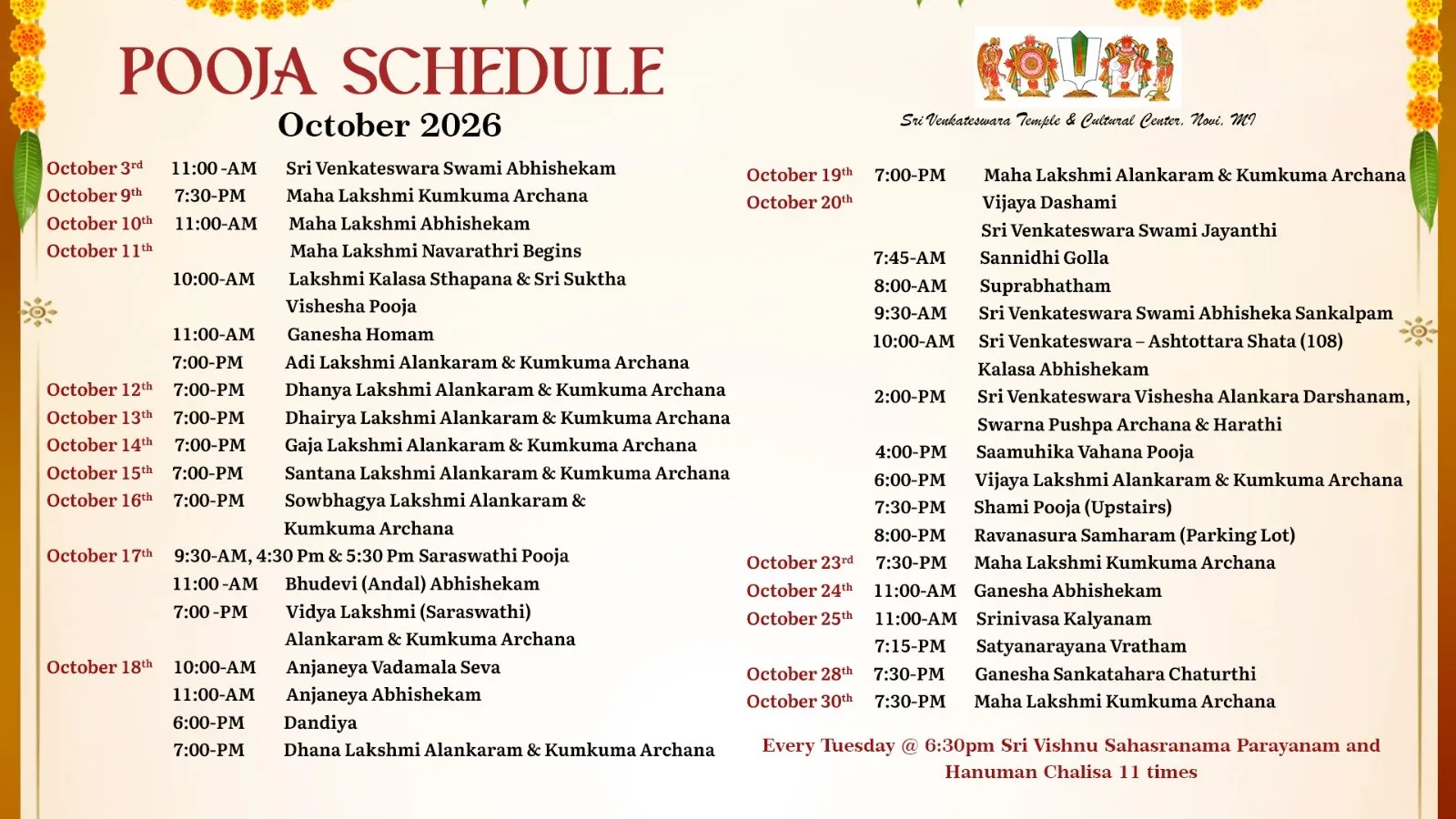 October 2026 Pooja Schedule