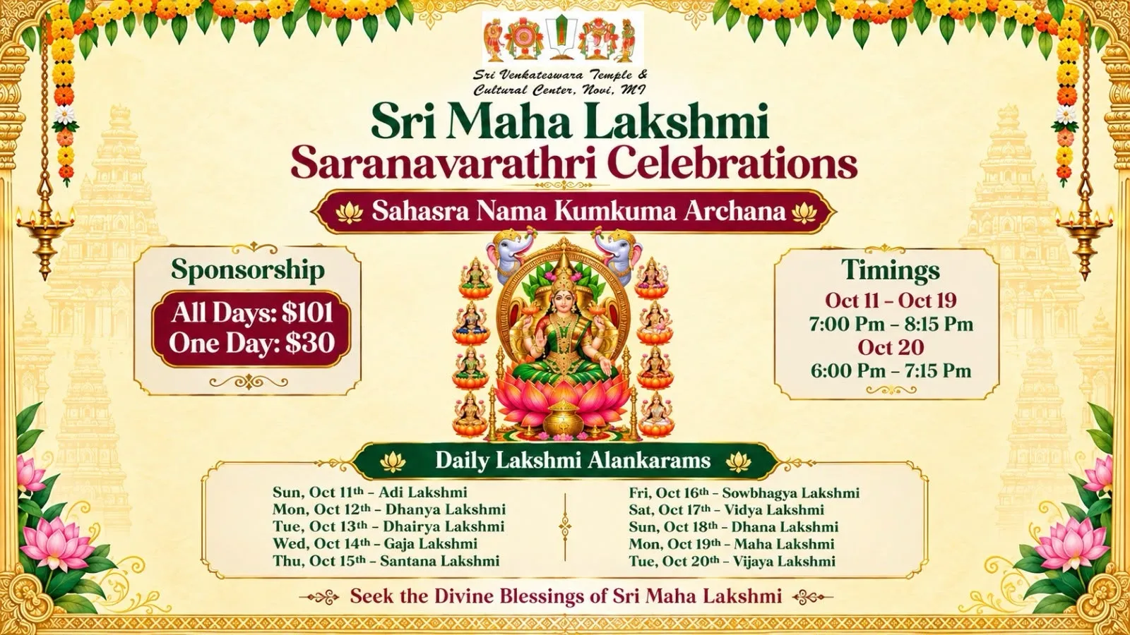 Sri Maha Lakshmi Saranavarathri Celebrations